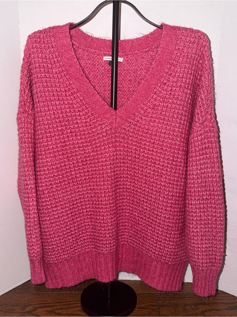 American Eagle Outfitters Pink V-Neck Waffle Knit Sweater